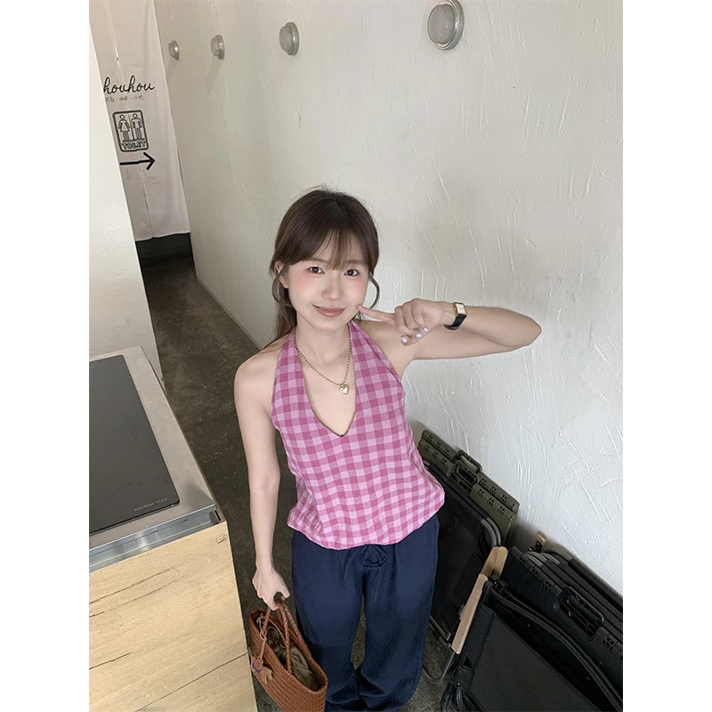 上衣夏天外穿辣妹挂脖气质性感显瘦别致独特格纹露背吊带背心女