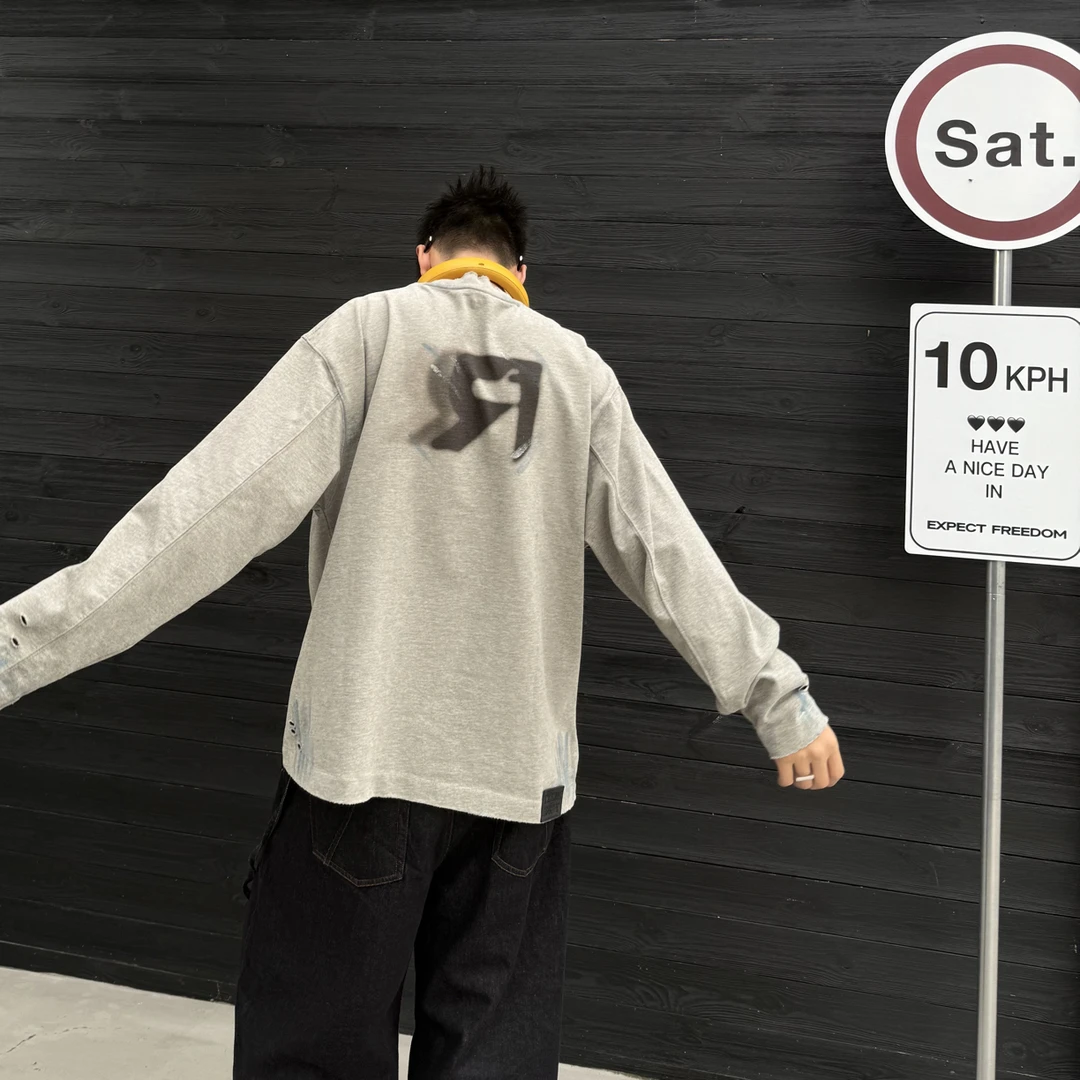 冬季R喷漆做旧磨破面磨毛长T好穿百搭轻奢痞帅高级感男装