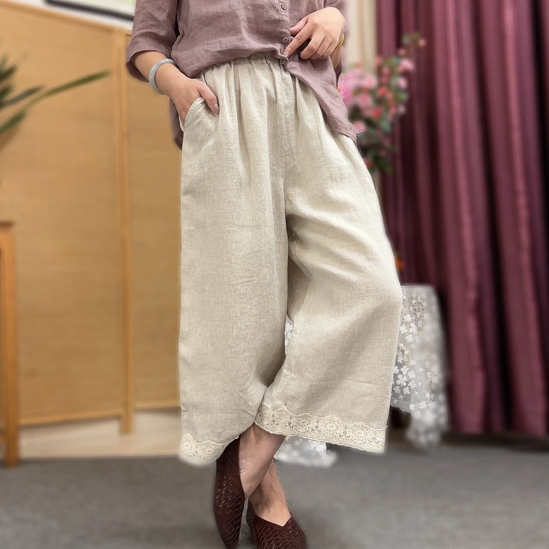 夏季花边亚麻直筒八分裤显瘦纯色松紧腰小个子百搭休闲阔腿Q26
