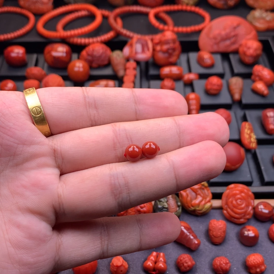 南红玛瑙未镶嵌南红川料原矿圆珠对珠7mm+