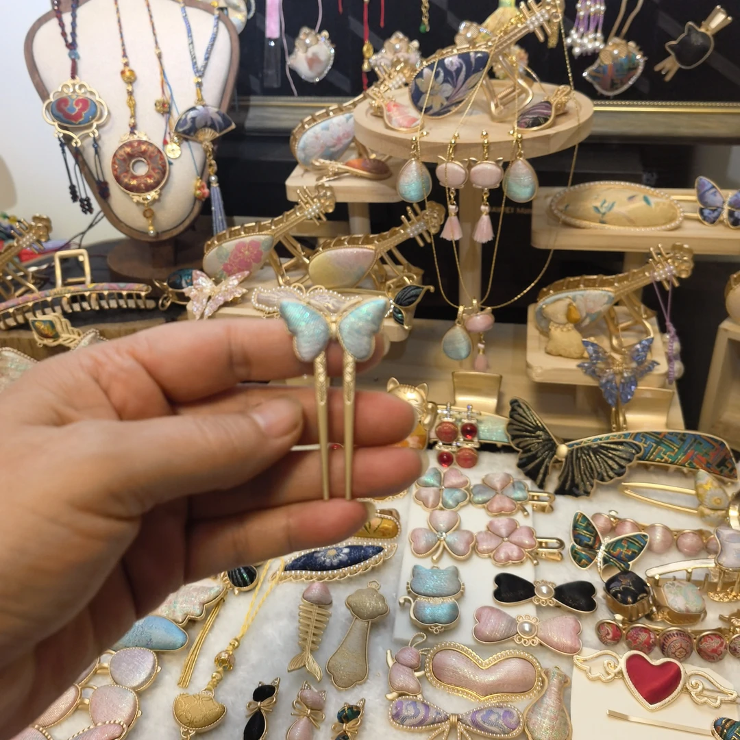 名家宋锦手工制作布艺蝴蝶小金色轻奢紫色古风复古发夹抓夹