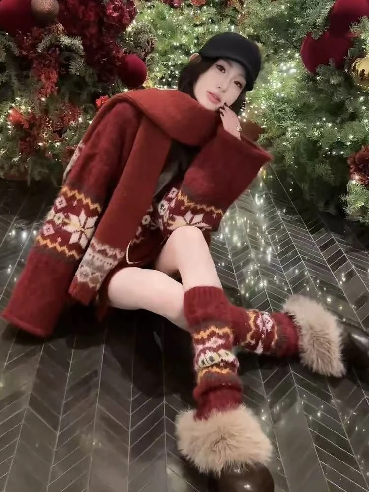 【初雪岛屿】网红孕妇装宽松慵懒风费尔岛毛衣+半身裙+袜套三件套