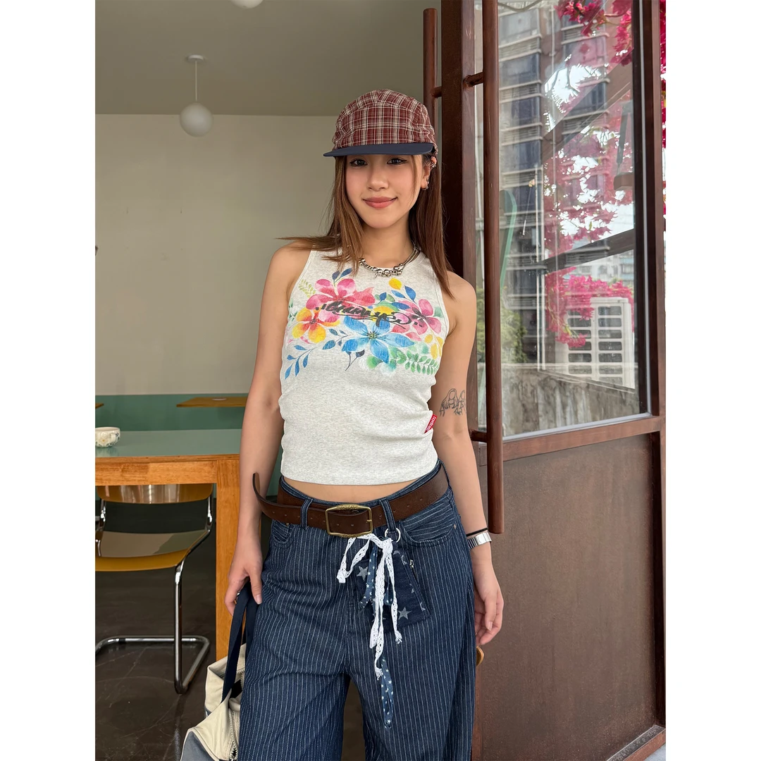 川川也家美式复古花卉背心吊带修身弹力辣妹短款上衣ins街头夏