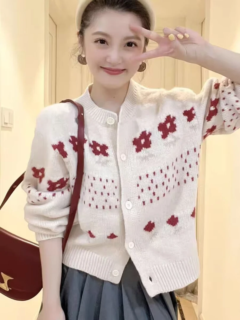 韩系紫色提花长袖针织开衫女巨好看的早秋氛围感穿搭软糯毛衣外套