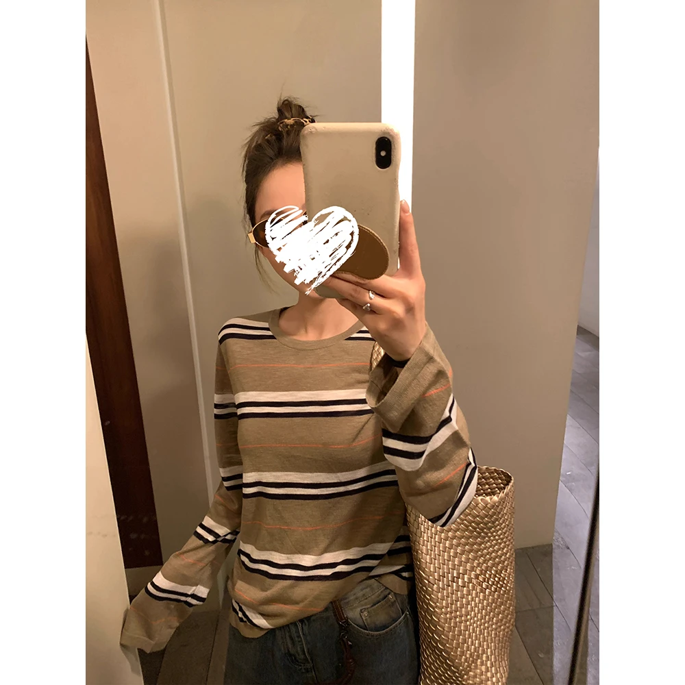 复古条纹针织衫女秋新款宽松休闲舒适百搭长袖上衣 60396