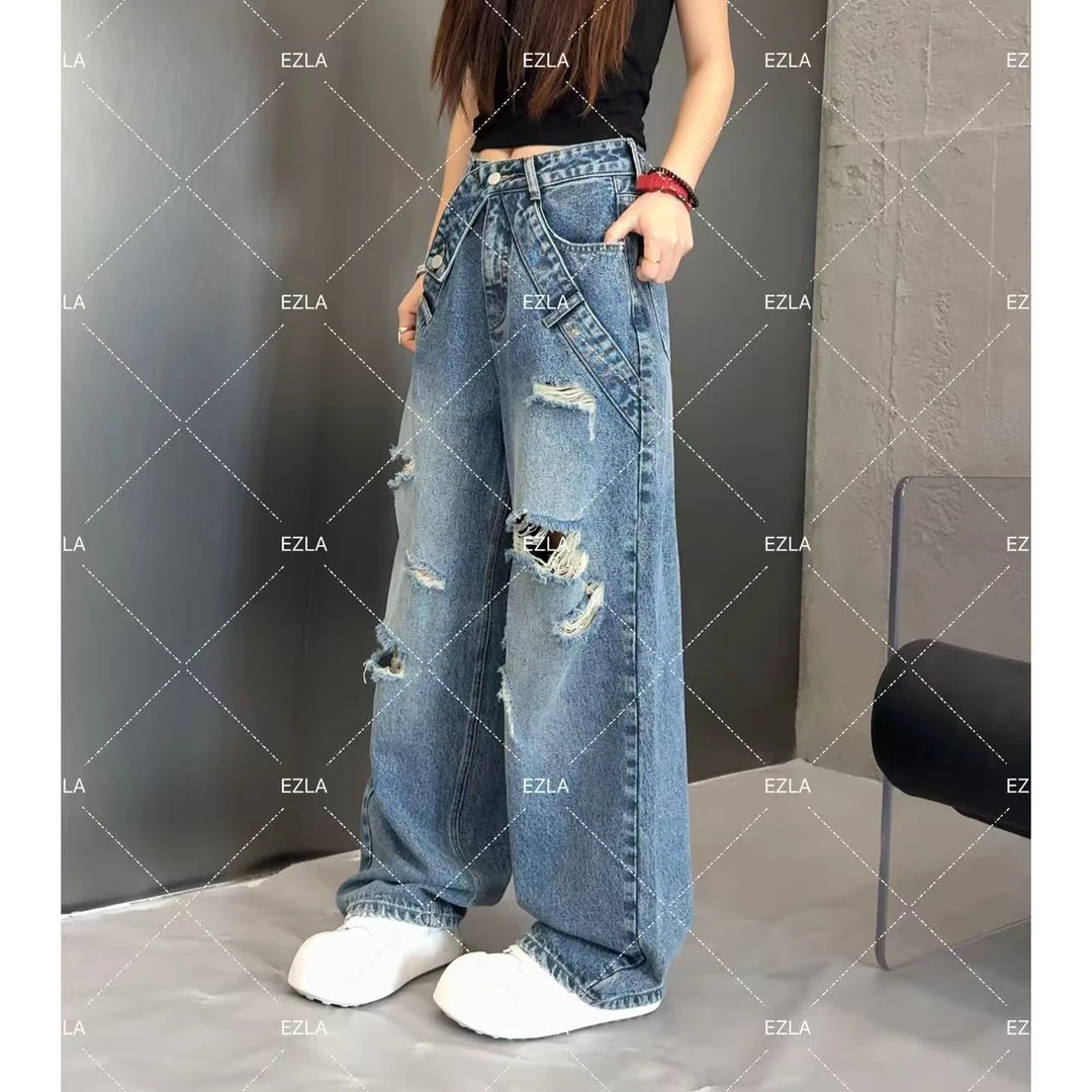 EZ9695 新款破洞A字收胯小众设计高级显瘦夏季水洗美式老爹堆堆裤