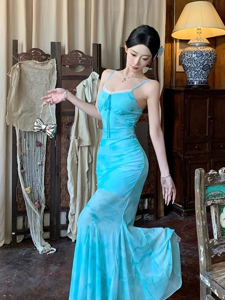 法式气质绝美网纱吊带连衣裙女夏季修身海边度假沙滩鱼尾包臀长裙