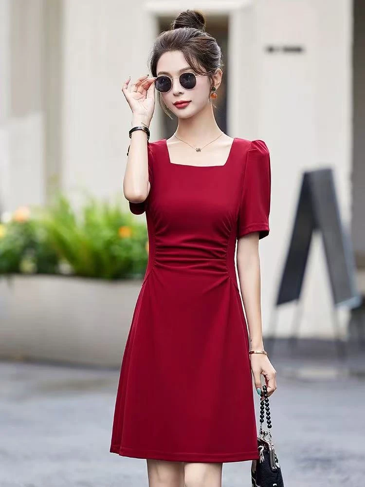 23282#夏季法式高级感收腰褶皱连衣裙【直播间为准】【裙长89】B6-2