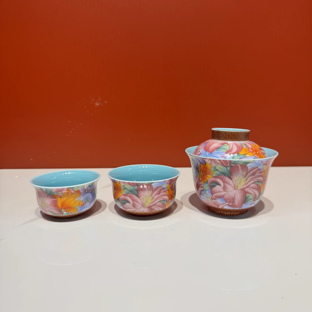 珐琅彩刺绣盖碗两杯百花旅行套-ZH674