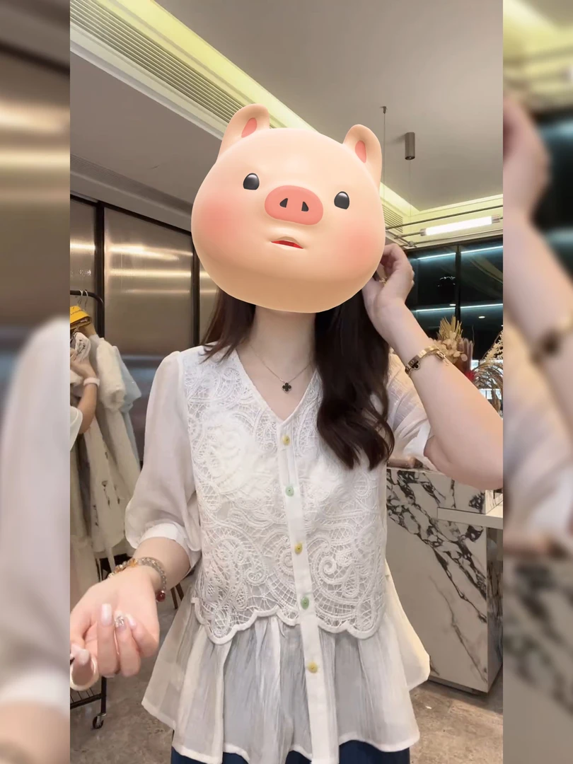2025夏季新款V领彩扣蕾丝拼接假两件短袖T恤衬衫洋气百搭气质上衣