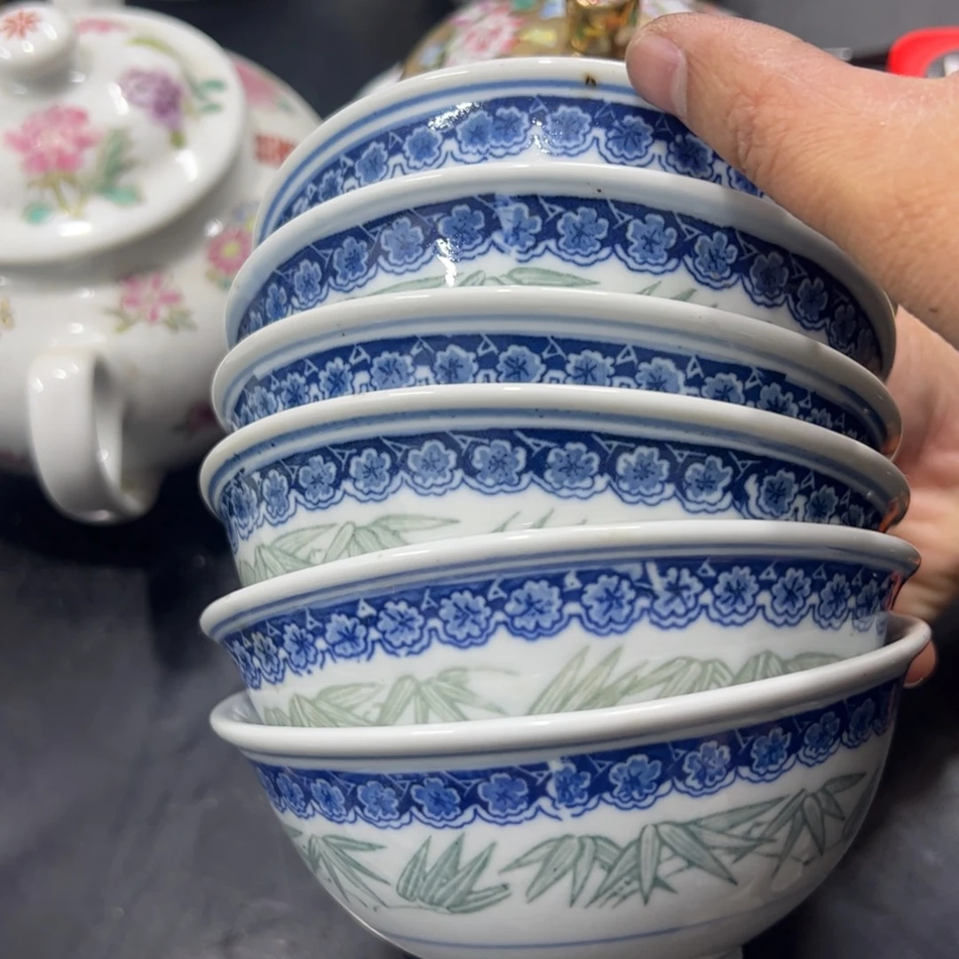 陶摆件11.5厘米手绘竹叶文饭碗6个