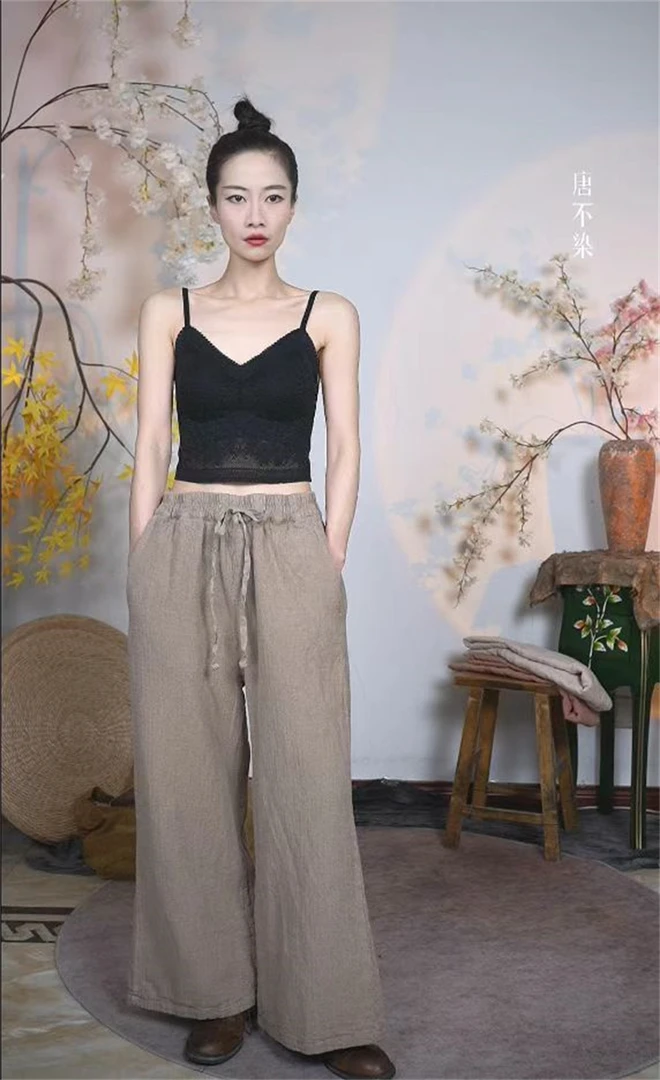 唐不染-62472亚麻双层阔腿裤休闲裤文艺显瘦宽松直筒裤