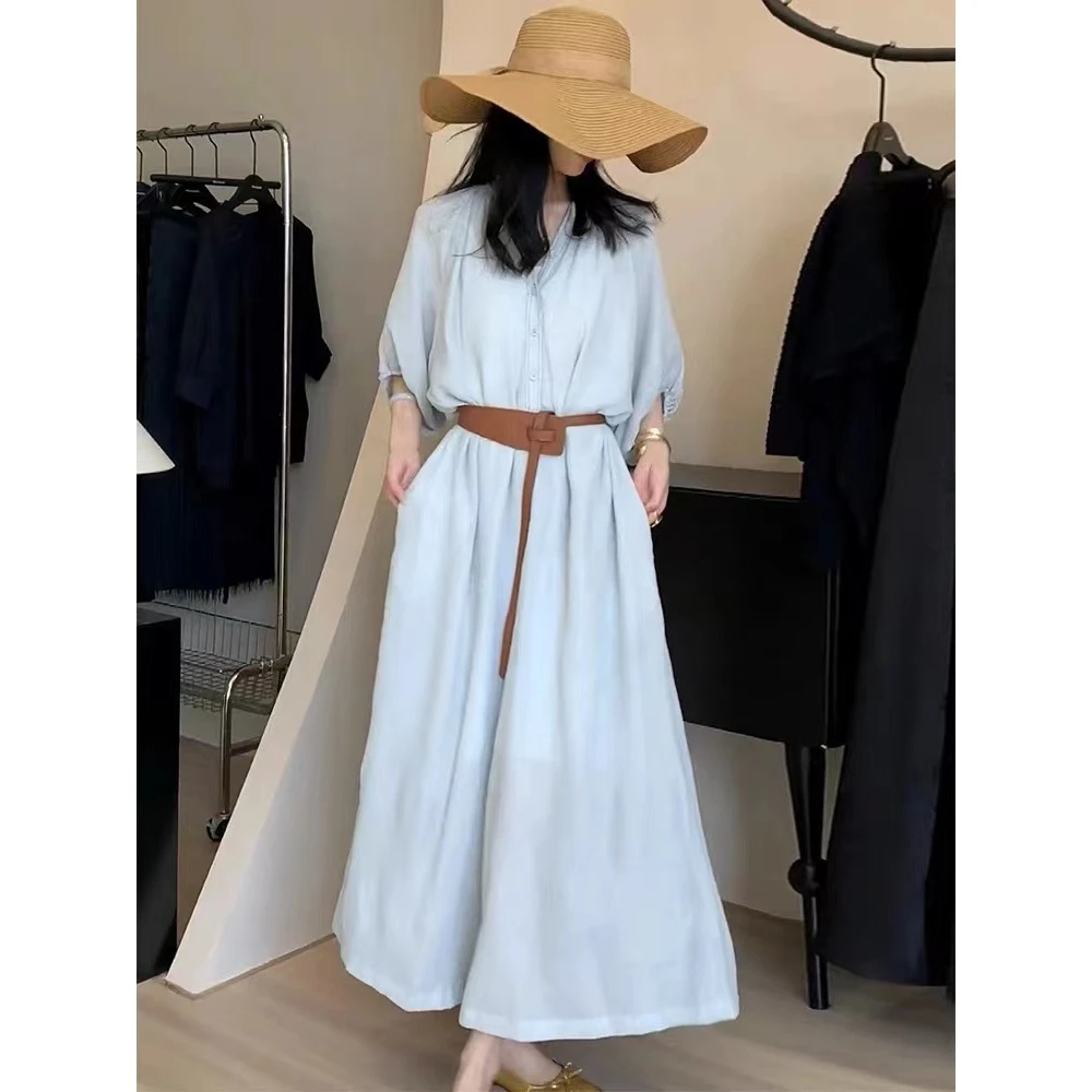 夏季设计感轻奢宽松连衣裙韩系气质V领中袖收腰显瘦长裙子三件套