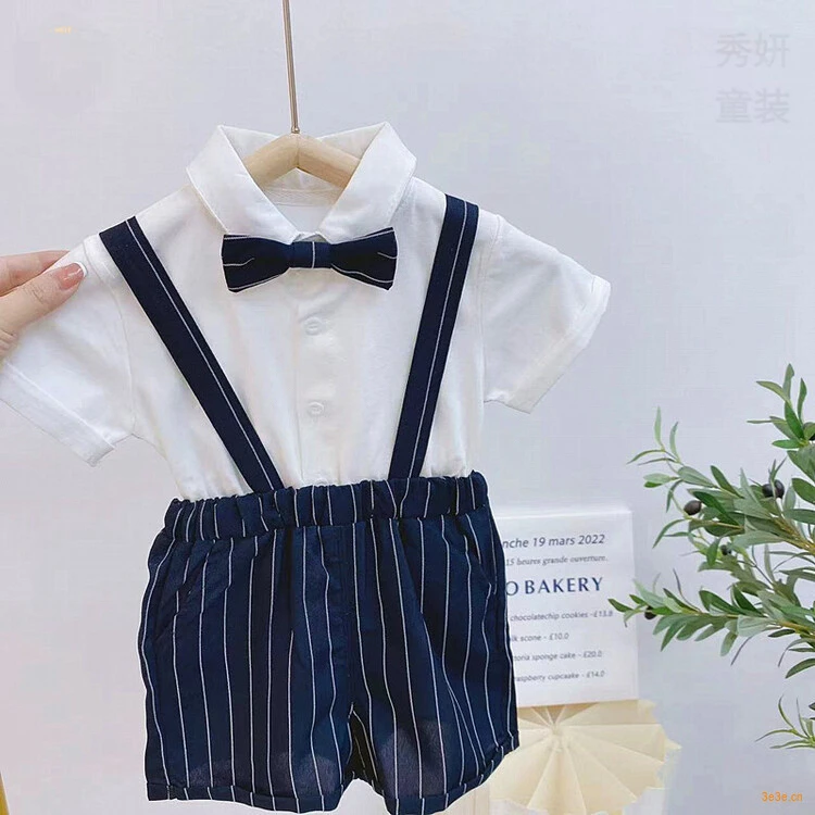 绅士男童短袖背带裤配领结周岁演出服六一儿童节礼服套装