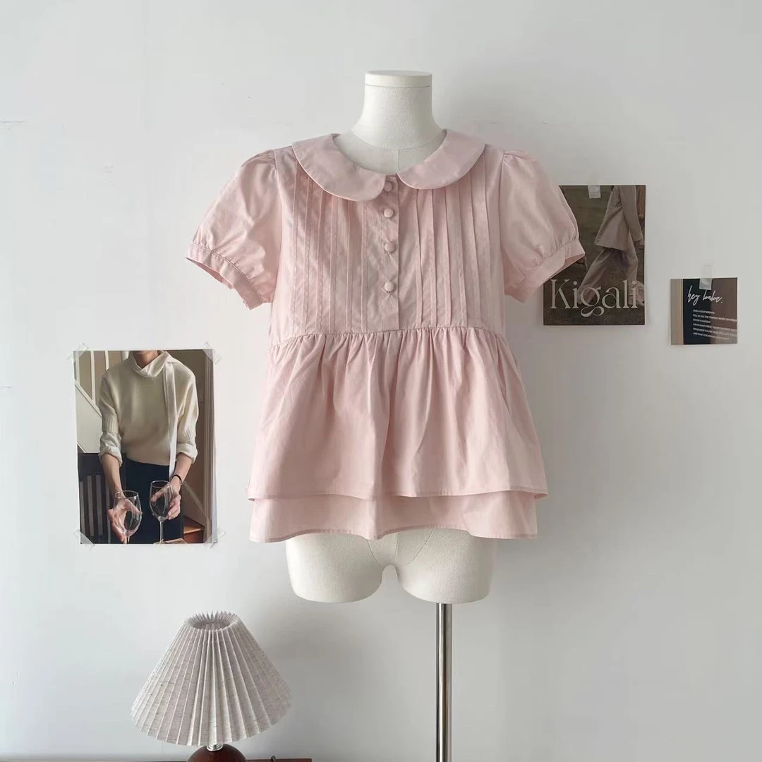 小个子穿搭衬衣夏季粉色少女感泡泡袖遮肉衬衣娃娃领