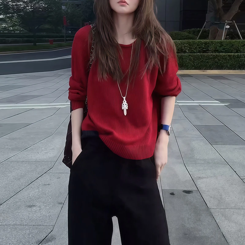 M772秋冬新款时尚圆领套头针织衫女宽松打底衫时尚休闲百搭上衣