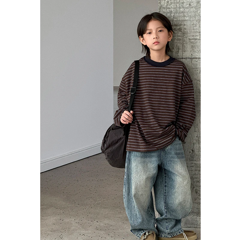 【现货】男童t恤长袖春秋装条纹上衣韩版衣服儿童打底衫2025潮装