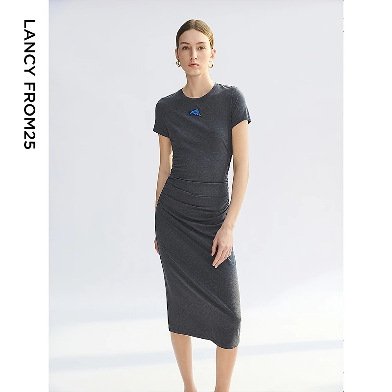 【拾月】朗姿2025年夏季新款长裙气质高级感显瘦高知短袖连衣裙