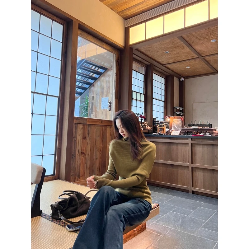慵懒高领高领斗篷休闲长袖针织上衣女新款高腰宽松百搭阔腿裤套装