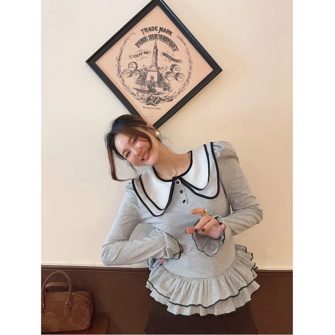 智英欧尼 娃娃领T恤【韩系百搭显瘦长袖打底内搭网红洋气炸街女装】