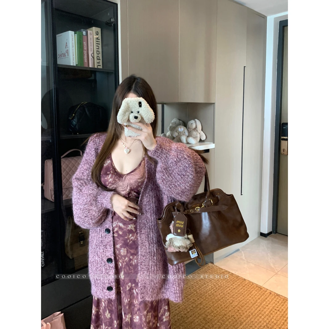 软糯长袖毛衣女2025秋季新款宽松中长款复古加厚慵懒针织外套chic