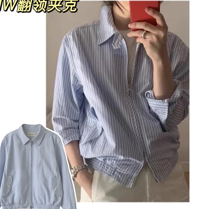 【NW翻领夹克】Y韩系Nothing Wri*蓝色竖条短外套百搭显瘦拉链夹