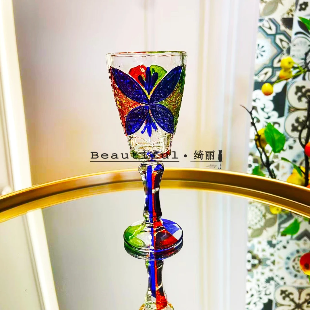 单只-轻奢人工手绘蝴蝶香槟杯彩绘高脚一口杯高级感酒杯果汁杯