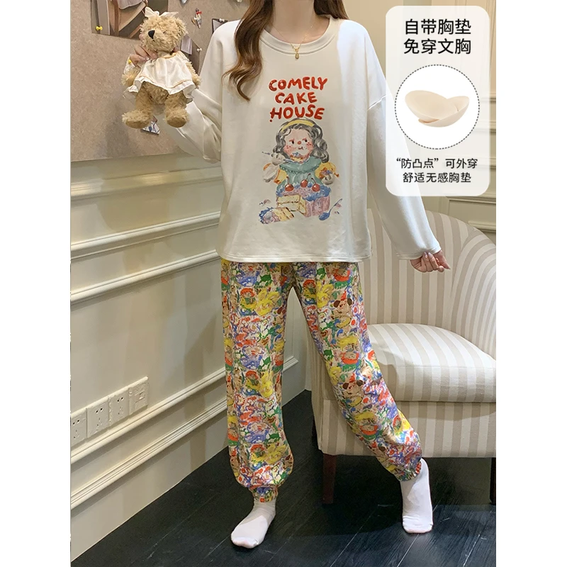 可外穿睡衣长袖长裤两件套春秋季学生卡通高颜值休闲带胸垫家居服