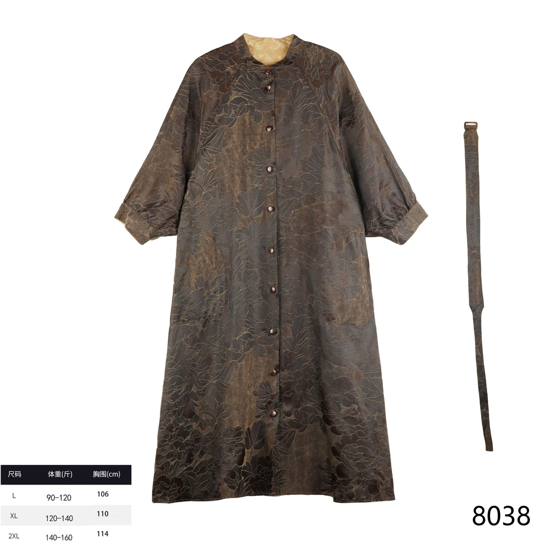 XY2025秋冬新款时尚国风黑咖色大牡丹风衣小众8038
