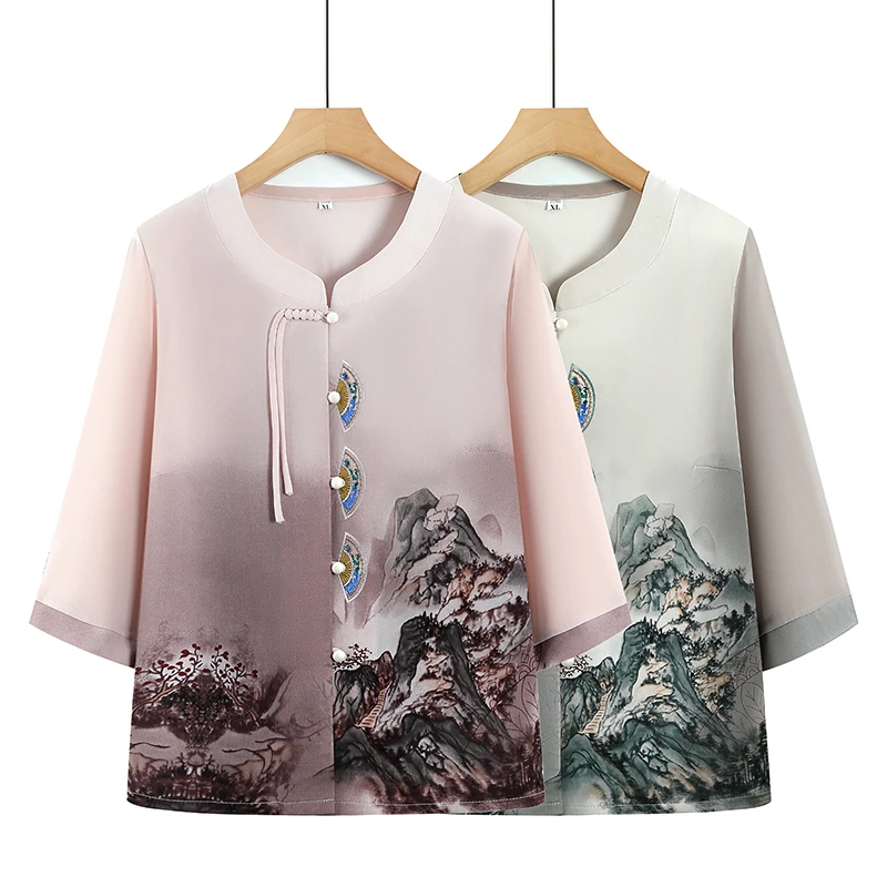 奶奶夏装衬衫国风T恤中老年人上衣女气质妈妈雪纺短袖衣服小衫