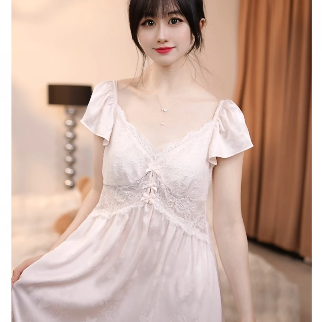 查理夫人【雨荷】气质睡裙家居服蕾丝显瘦白色时尚春季