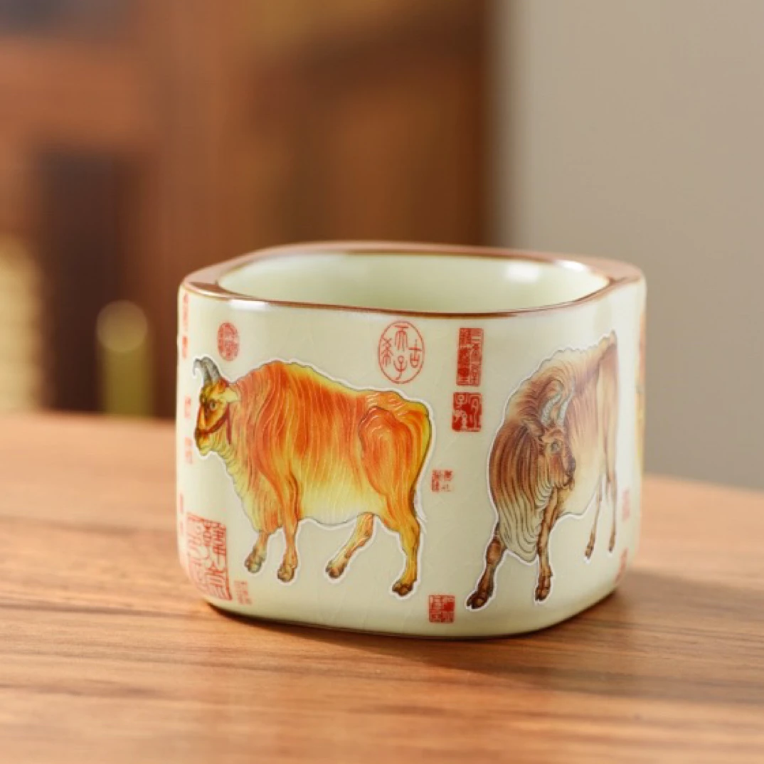 岑汝四方五牛主人杯可养开片