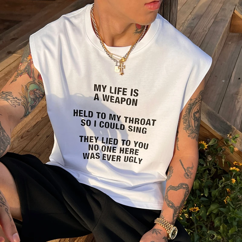 OXFREAK「英文标语印花」美式纯棉背心男宽松运动健身圆领无袖t恤