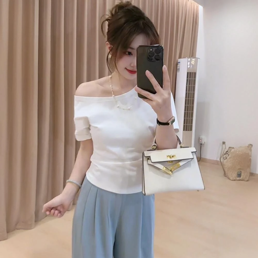 2025夏季新款斜领露肩时尚短袖T恤女装重工修身网红洋气炸街女装