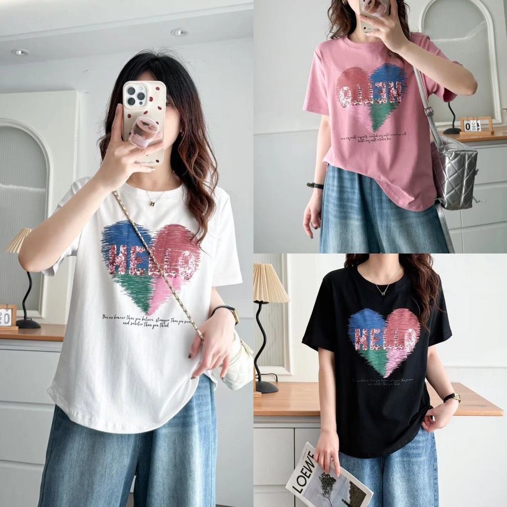 大码胖mm百搭休闲藏肉爱心印花圆领T恤夏季新款宽松显瘦减龄上衣