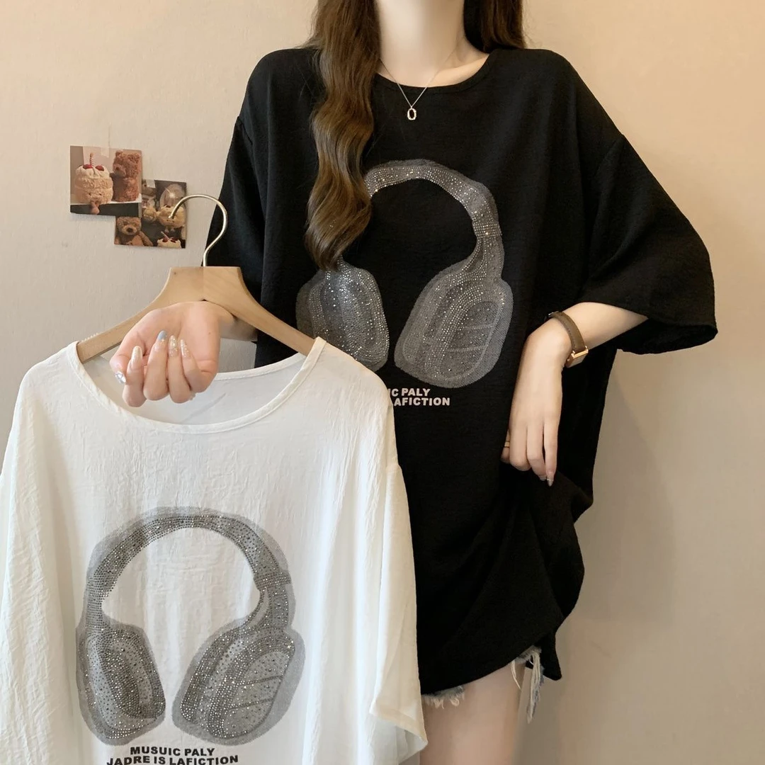 大码起皱冰丝重工烫钻短袖t恤女夏季2025新款宽松显瘦胖mm上衣女