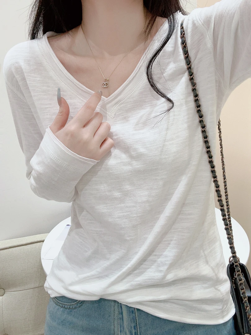 竹节棉质白色长袖t恤女装秋季韩版V领百搭显瘦休闲内搭打底衫上衣