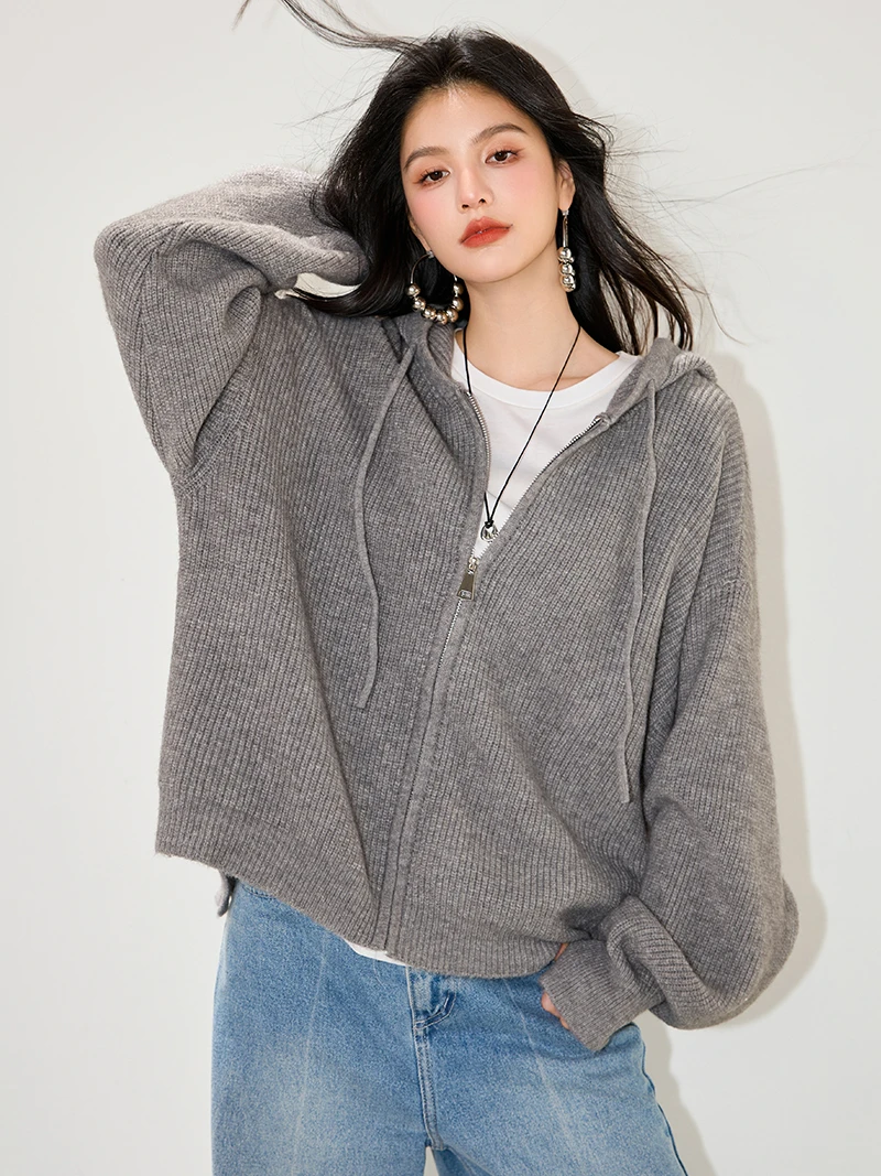 职业阿玛诗官2025秋冬新款双拉链毛衣外套女宽松连帽针织开衫上衣