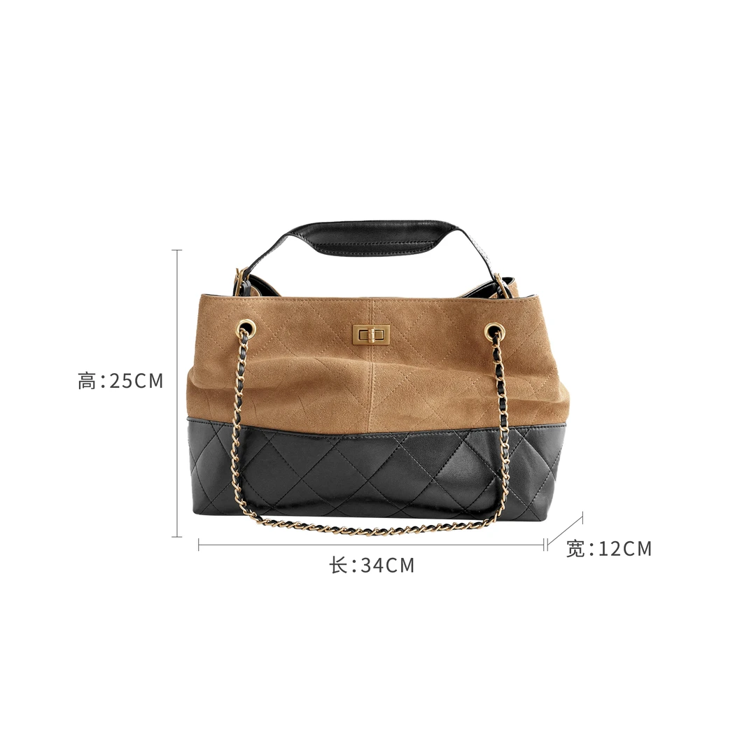 HELAAOMI 磨砂牛皮托特包小众设计大容量菱格链条包包