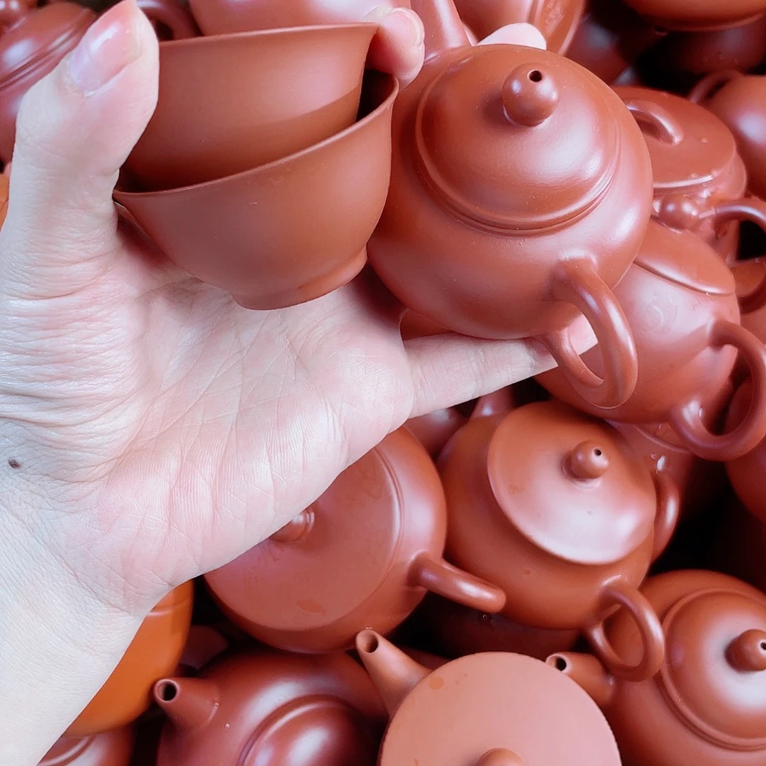 潮州紫砂朱泥壶手拉壶小水平90 两个杯45