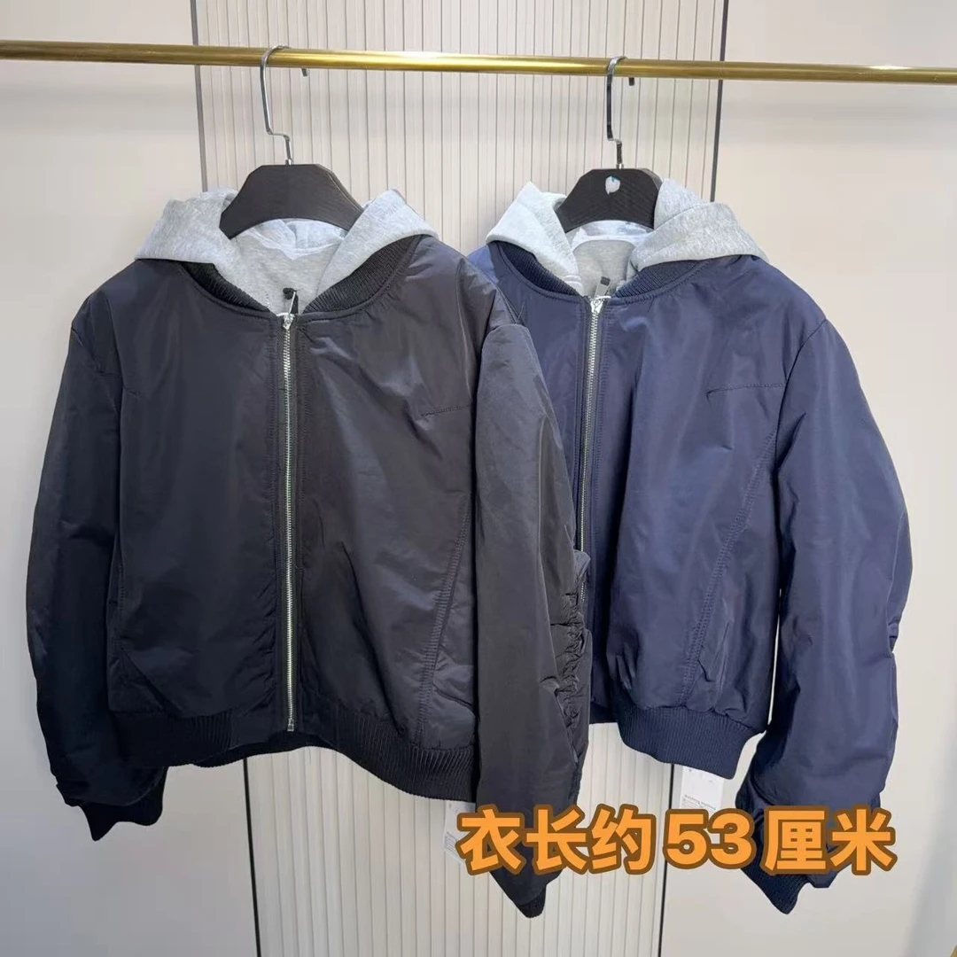 7037后刺绣字母连帽假两件夹棉外套