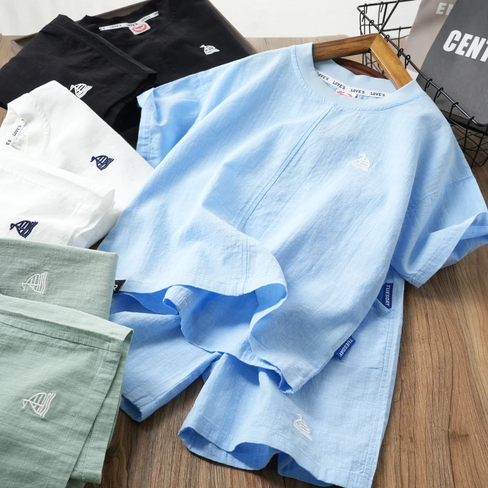 休闲短袖套装儿童夏季两件套帆船刺绣中大童百搭男童日常S1029