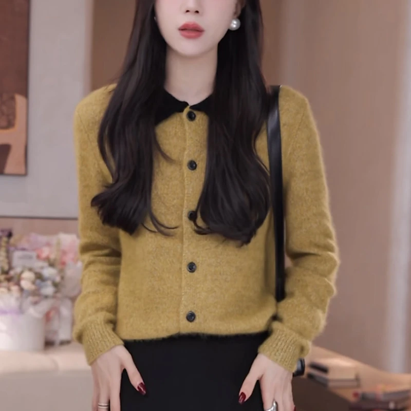 黄色撞色翻领毛衣女秋冬慵懒风修身显瘦洋气内搭打底针织开衫上衣