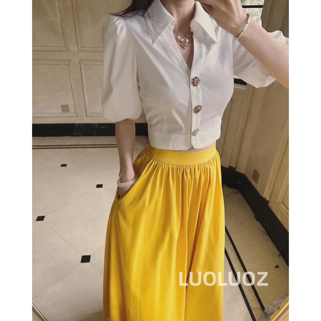 【现货】LUOLUOZ【黄玫瑰 上衣半身裙】亚麻棉法式polo领时尚H81780
