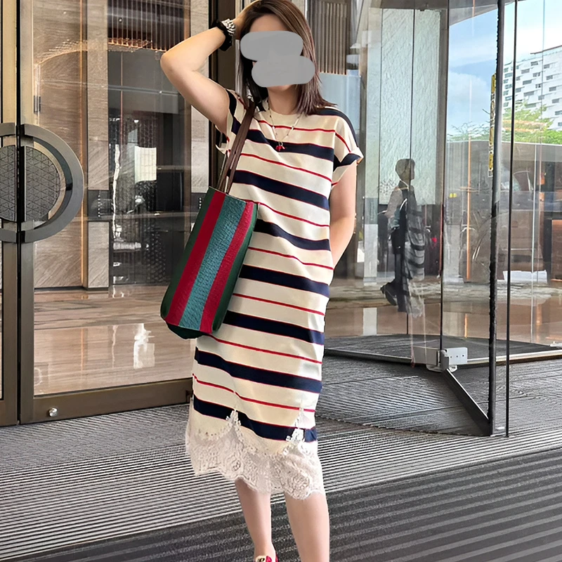 时尚连衣裙女装2025夏季新款圆领条纹洋气气质减龄拼接中长款裙子