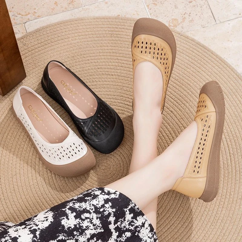 绵秀手工设计25330夏季新款镂空平跟洞洞鞋舒适女圆头中老年妈妈