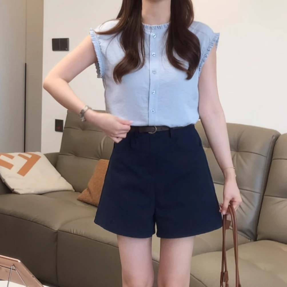 韩版设计感纯色气质小衫2025夏季新款小众显瘦时尚气质通勤上衣
