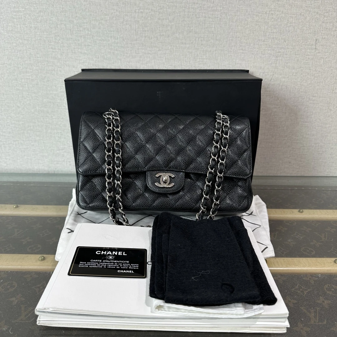 95新 Chanel/香奈儿 荔枝纹黑银CF中号链条单肩斜挎包 20212