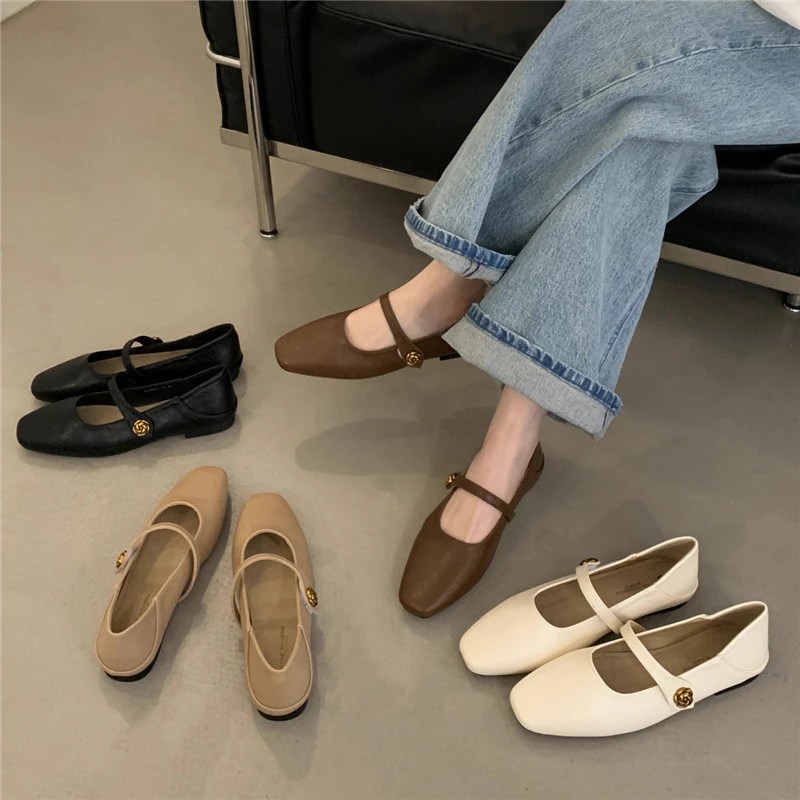 2025春季新款方头法式小众一字扣平底单鞋女配裙玛丽珍鞋配裙子