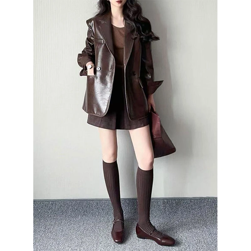 韩系复古美拉德穿搭宽松百搭长袖外套上衣高腰休闲百搭短裙两件套